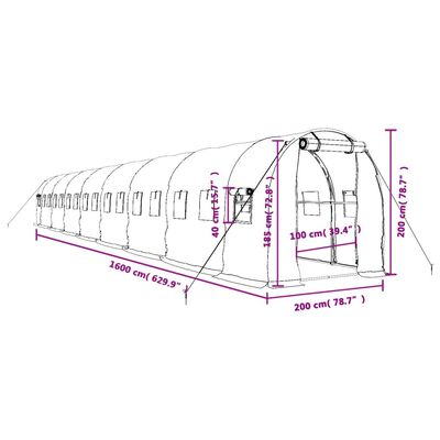 vidaXL Serre avec cadre en acier vert 32 m² 16x2x2 m