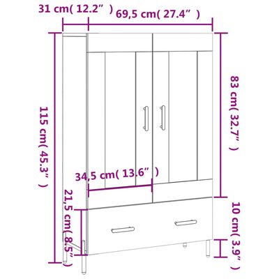 vidaXL Buffet haut blanc brillant 69,5x31x115 cm bois d'ingénierie