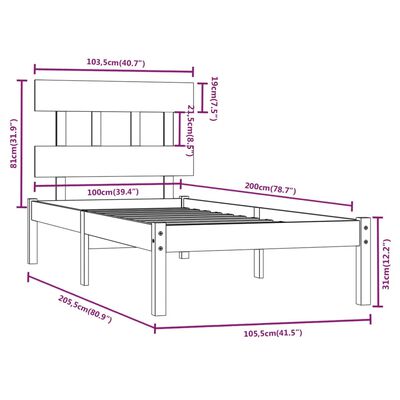 vidaXL Cadre de lit Bois massif 100x200 cm