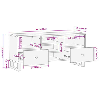 vidaXL Meuble TV marron et noir 100x33,5x46 cm bois massif de manguier