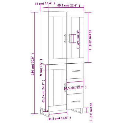 vidaXL Buffet haut Blanc brillant 69,5x34x180 cm Bois d'ingénierie