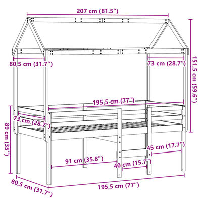 vidaXL Lit haut avec toit cire marron 75x190 cm bois de pin massif