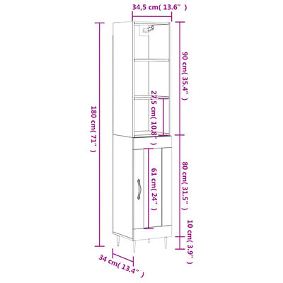 vidaXL Buffet haut Gris béton 34,5x34x180 cm Bois d'ingénierie