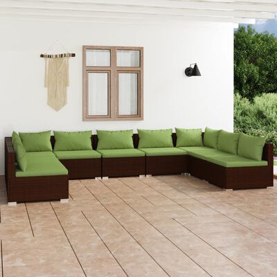 vidaXL Salon de jardin 9 pcs avec coussins Résine tressée Marron