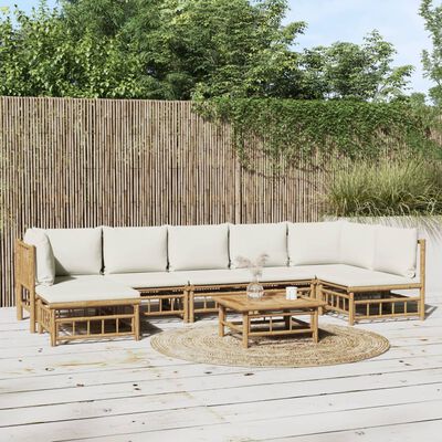 vidaXL Salon de jardin 8 pcs avec coussins blanc crème bambou