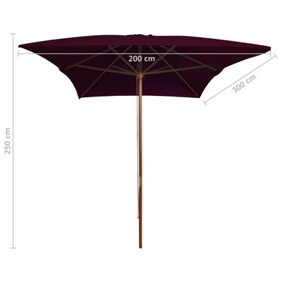 vidaXL Parasol de jardin avec mât en bois rouge bordeaux 200x300 cm