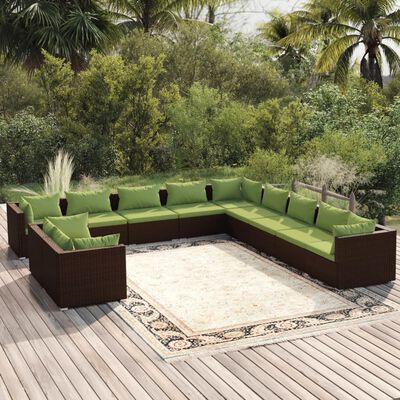 vidaXL Salon de jardin 11 pcs avec coussins marron résine tressée