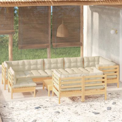 vidaXL Salon de jardin 10 pcs avec coussins crème Bois de pin massif