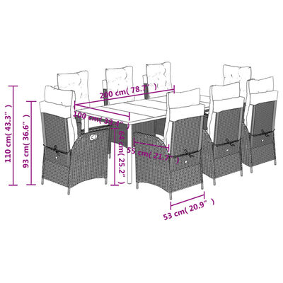 vidaXL Ensemble à manger de jardin et coussins 9 pcs marron poly rotin