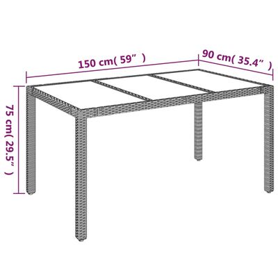 vidaXL Table de jardin dessus en verre Gris 150x90x75cm Résine tressée