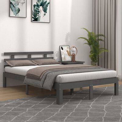 vidaXL Cadre de lit Gris Bois massif 135x190 cm Double