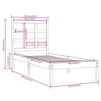 vidaXL Cadre de lit bois massif 90x190 cm simple