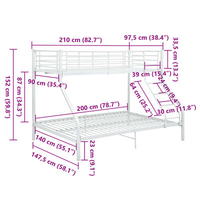 vidaXL Cadre de lit superposé sans matelas Blanc 140x200 cm/90x200 cm