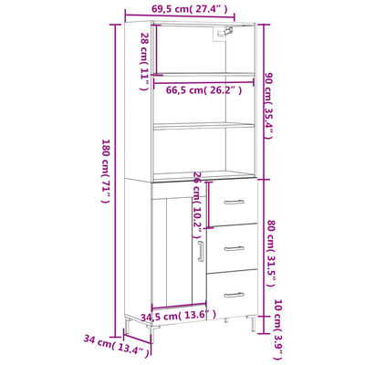 vidaXL Buffet haut Blanc 69,5x34x180 cm Bois d'ingénierie