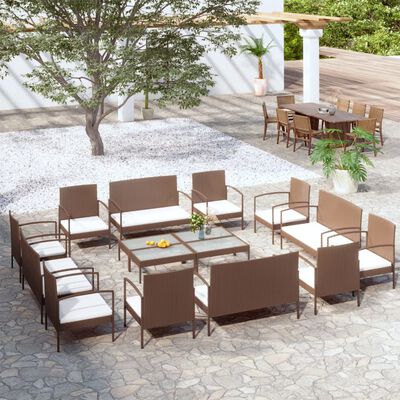 vidaXL Salon de jardin 16 pcs avec coussins Résine tressée Marron