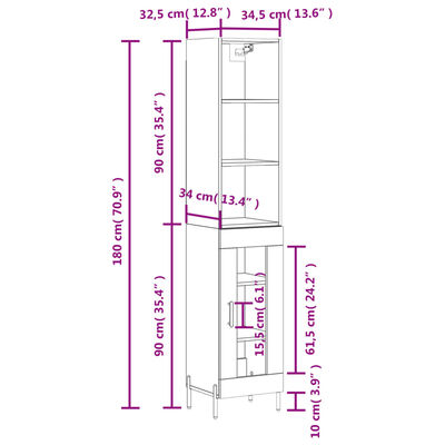 vidaXL Buffet haut Blanc brillant 34,5x34x180 cm Bois d'ingénierie