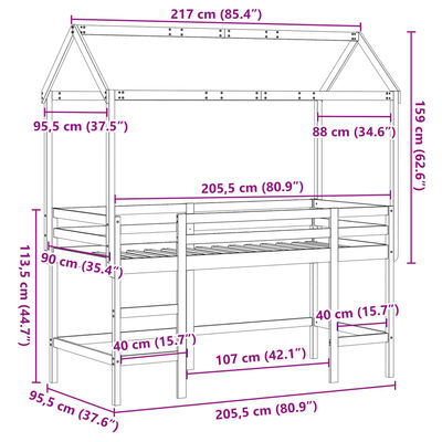 vidaXL Lit superposé avec échelle et toit sans matelas 90x200 cm