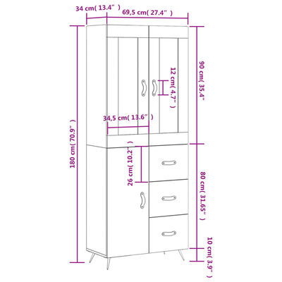 vidaXL Buffet haut Noir 69,5x34x180 cm Bois d'ingénierie