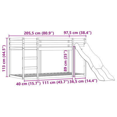 vidaXL Lit superposé sans matelas avec toboggan et rideaux 90x200 cm