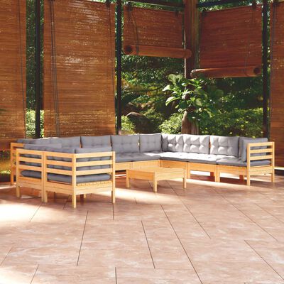 vidaXL Salon de jardin 11 pcs avec coussins gris Bois de pin solide