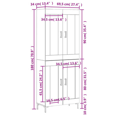 vidaXL Buffet haut Gris béton 69,5x34x180 cm Bois d'ingénierie