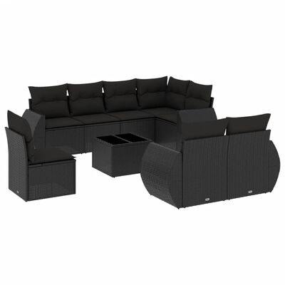 vidaXL Salon de jardin 9 pcs avec coussins noir résine tressée