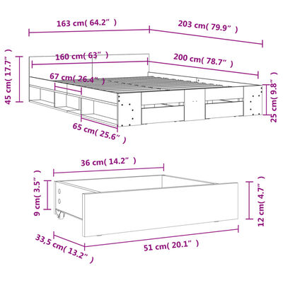 vidaXL Cadre de lit à tiroirs chêne sonoma 160x200cm bois d'ingénierie