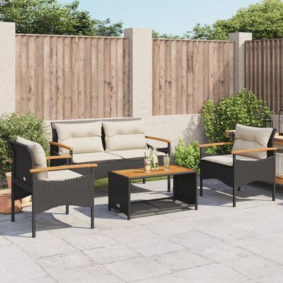 vidaXL Salon de jardin 4 pcs avec coussins noir résine tressée