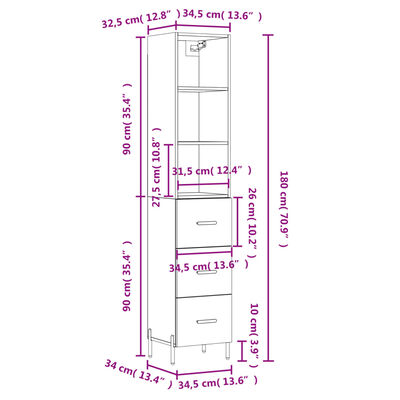 vidaXL Buffet haut Blanc brillant 34,5x34x180 cm Bois d'ingénierie