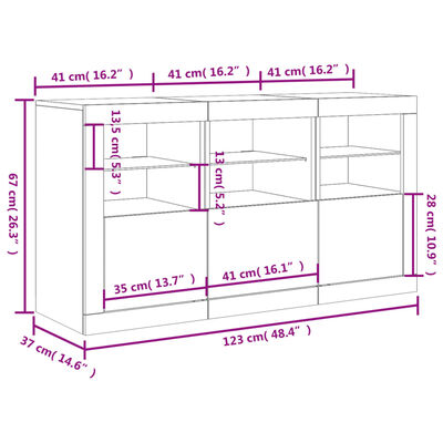 vidaXL Buffet avec lumières LED gris béton 123x37x67 cm