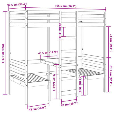 vidaXL Lit mezzanine avec bureau et chaises blanc 90x190 cm pin massif