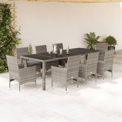 vidaXL Ensemble à manger de jardin et coussins 9 pcs gris rotin verre