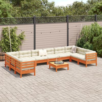 vidaXL Salon de jardin avec coussins 11pcs cire marron bois pin massif