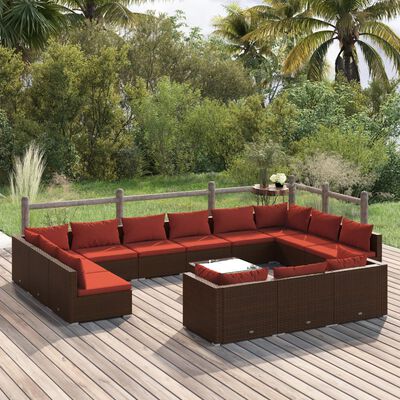 vidaXL Salon de jardin 14 pcs avec coussins Marron Résine tressée