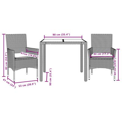 vidaXL Ensemble à manger de jardin et coussins 3pcs marron rotin verre