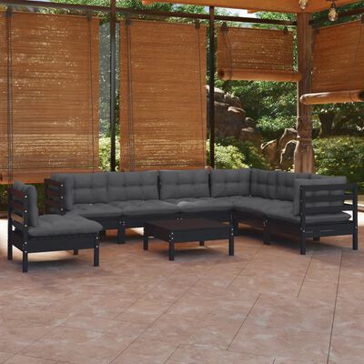 vidaXL Salon de jardin 8 pcs avec coussins Noir Bois de pin massif