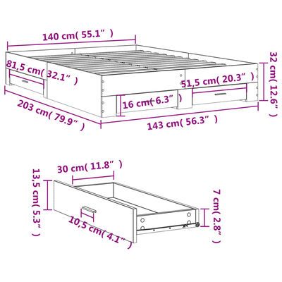 vidaXL Cadre de lit avec tiroirs sans matelas chêne sonoma 140x200 cm