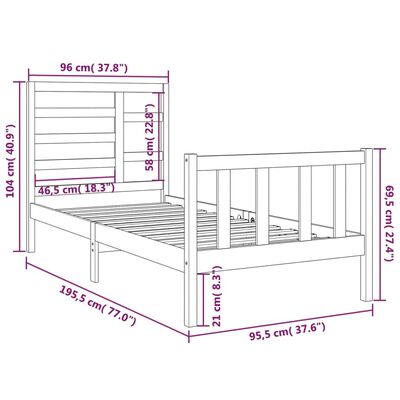 vidaXL Cadre de lit Noir Bois massif 90x190 cm Simple