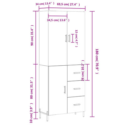 vidaXL Buffet haut Blanc 69,5x34x180 cm Bois d'ingénierie