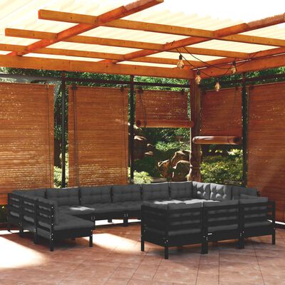 vidaXL Salon de jardin 13 pcs avec coussins Noir Bois de pin