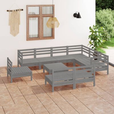 vidaXL Salon de jardin 10 pcs Bois de pin massif Gris