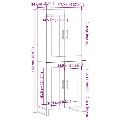 vidaXL Buffet haut Gris béton 69,5x34x180 cm Bois d'ingénierie