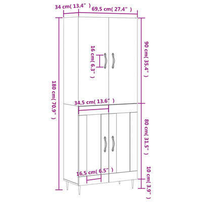 vidaXL Buffet haut Blanc brillant 69,5x34x180 cm Bois d'ingénierie