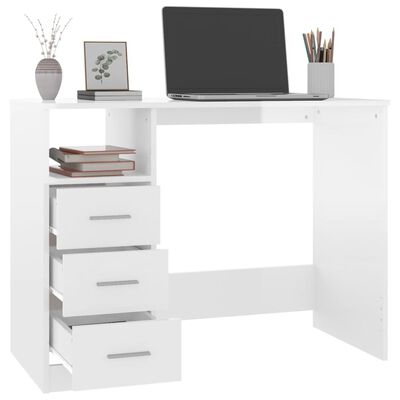 vidaXL Bureau et tiroirs Blanc brillant 102x50x76 cm Bois d'ingénierie