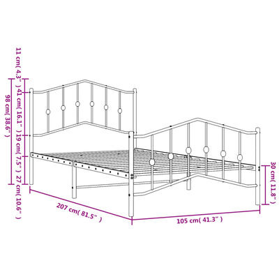 vidaXL Cadre de lit métal sans matelas et pied de lit blanc 100x200 cm