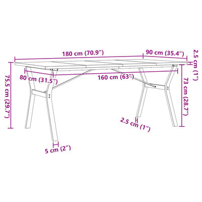 vidaXL Table à manger cadre en Y 180x90x75,5 cm bois pin massif fonte