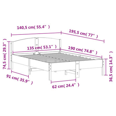 vidaXL Cadre de lit sans matelas blanc 135x190 cm bois de pin massif