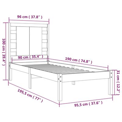 vidaXL Cadre de lit Blanc Bois massif 90x190 cm Simple