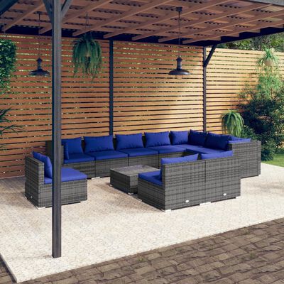 vidaXL Salon de jardin 11 pcs avec coussins Résine tressée Gris