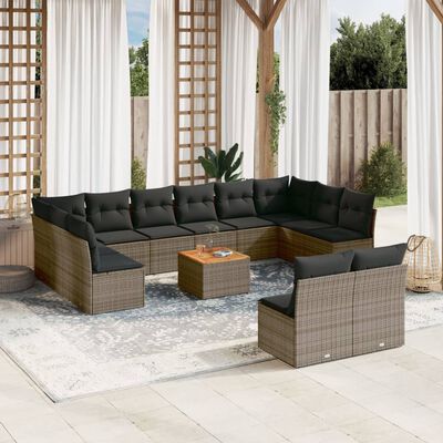 vidaXL Salon de jardin avec coussins 13 pcs gris résine tressée